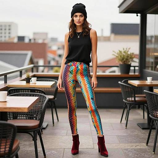 Photograph of a slender woman with long brown hair, wearing a black beanie, black sleeveless top, and colorful, iridescent leggings,