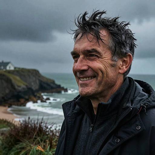 Photograph of a middle-aged man with messy black hair, smiling at a cloudy seaside, wearing a black jacket, and standing on grassy terrain.