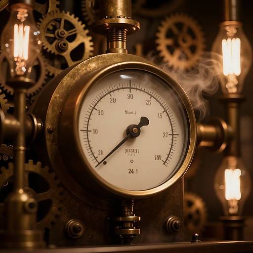 Photograph of a vintage brass steam gauge with black and white markings, surrounded by interlocking gears and glowing light bulbs.