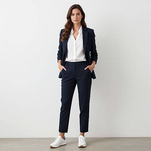 Photograph of a confident woman with long brown hair, wearing a black blazer, white shirt, black pants, and white sneakers, standing against a