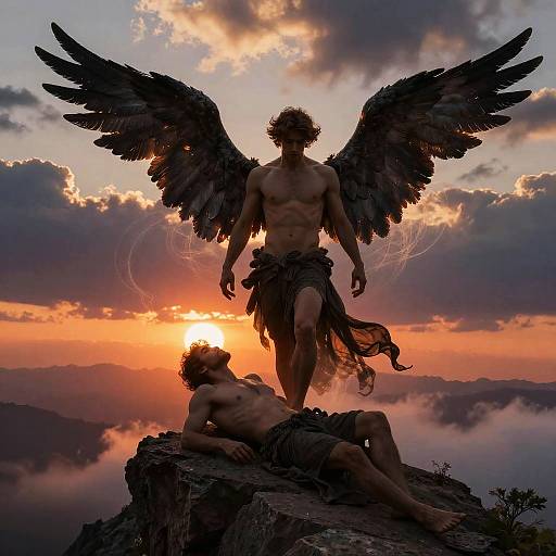 Photograph of a muscular, winged male figure standing triumphantly at sunset, with another reclining male figure at his feet, both silhouet