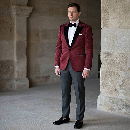 Photograph of a handsome man with short dark hair, wearing a red velvet blazer, black bow tie, gray trousers, and black shoes, standing