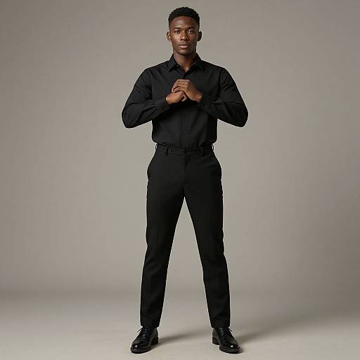 Photograph of a tall, muscular Black man with short hair, wearing a black long-sleeve shirt and black pants, standing against a plain grey
