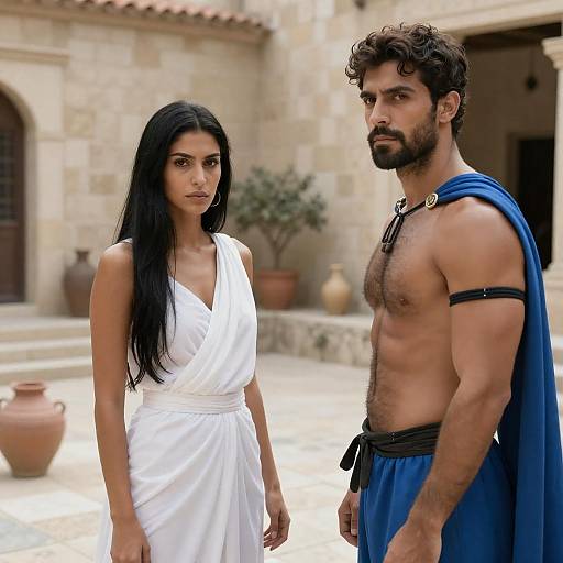 Dramatic Courtyard Encounter in Sunlight