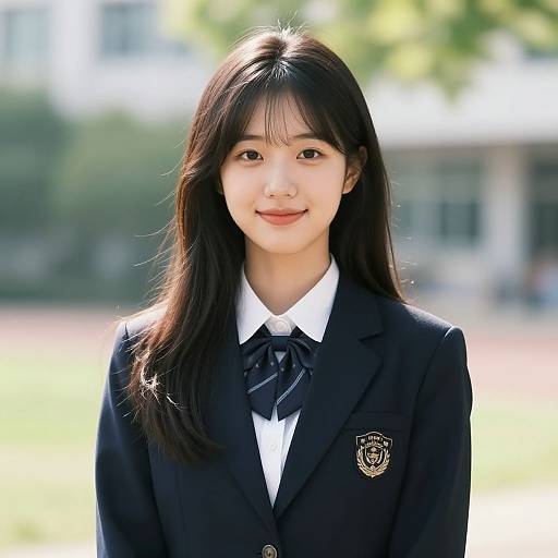 Photograph of an Asian woman with long black hair, wearing a black school blazer with a crest, white shirt, and black bow tie, standing