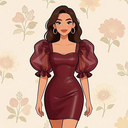 Digital drawing of a smiling woman with long brown hair, wearing a tight, maroon, puffed-sleeve dress, large hoop earrings, and