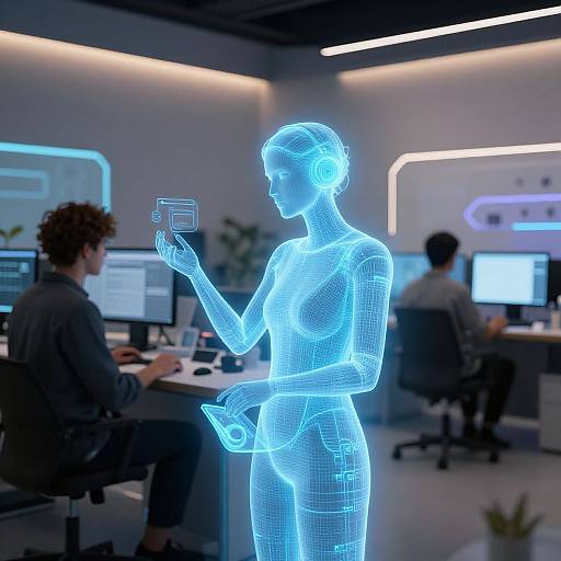 Digital CGI of a glowing blue wireframe woman holding a card in a modern, illuminated office with two seated workers.
