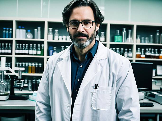 Photograph of a middle-aged, bearded scientist with glasses, wearing a white lab coat over a black shirt, standing in a well-stocked,