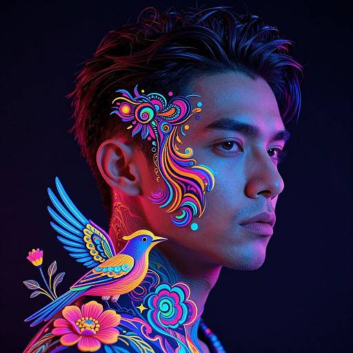 Photorealistic portrait of an Asian man with vibrant, neon bird and floral tattoos on his face and neck, illuminated against a black background.