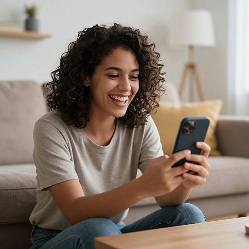 Photograph of a smiling, curly-haired woman with medium brown skin, wearing a gray t-shirt and blue jeans, sitting on a couch, laughing while