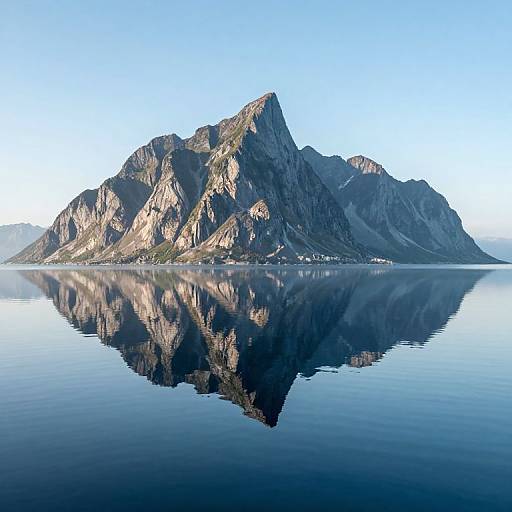 Photograph of a rugged, mountainous island reflected perfectly in a calm, blue lake under a clear, bright sky.