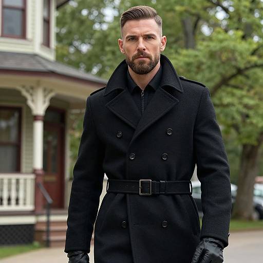 Photorealistic image of a stern, bearded man in a black double-breasted coat with belt, standing in front of a Victorian house with green