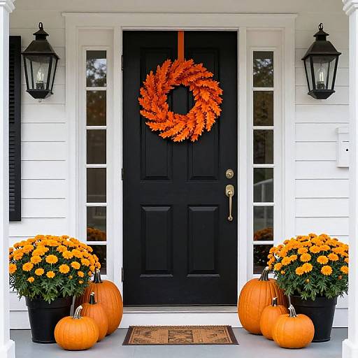 Photograph of a black front door adorned with an orange leaf wreath, flanked by black lanterns, and surrounded by orange chrysanthem