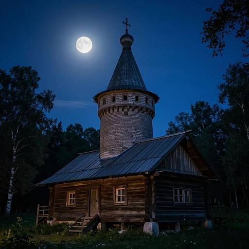 Photograph of a wooden church with a cylindrical tower and pointed roof under a full moon, surrounded by dark trees in a deep blue night sky.