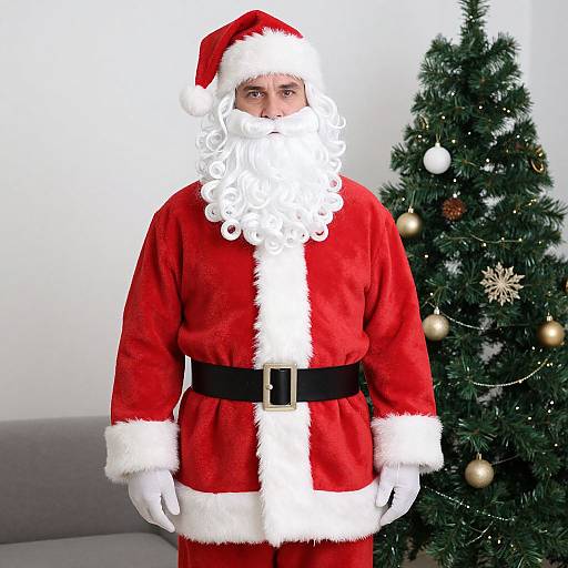 Photograph of a man in a full Santa Claus costume with a white beard, standing in front of a decorated Christmas tree.