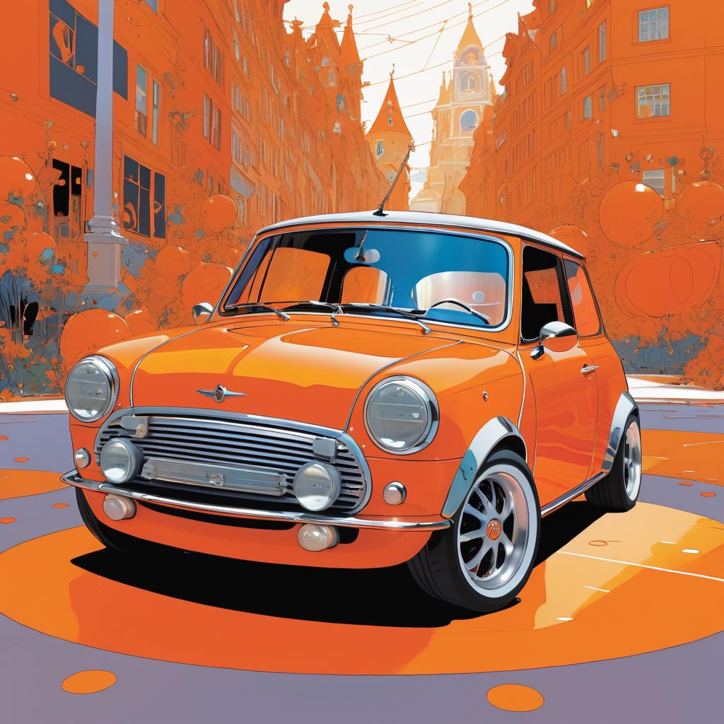 Vibrant Orange Mini Cooper in Comic Style