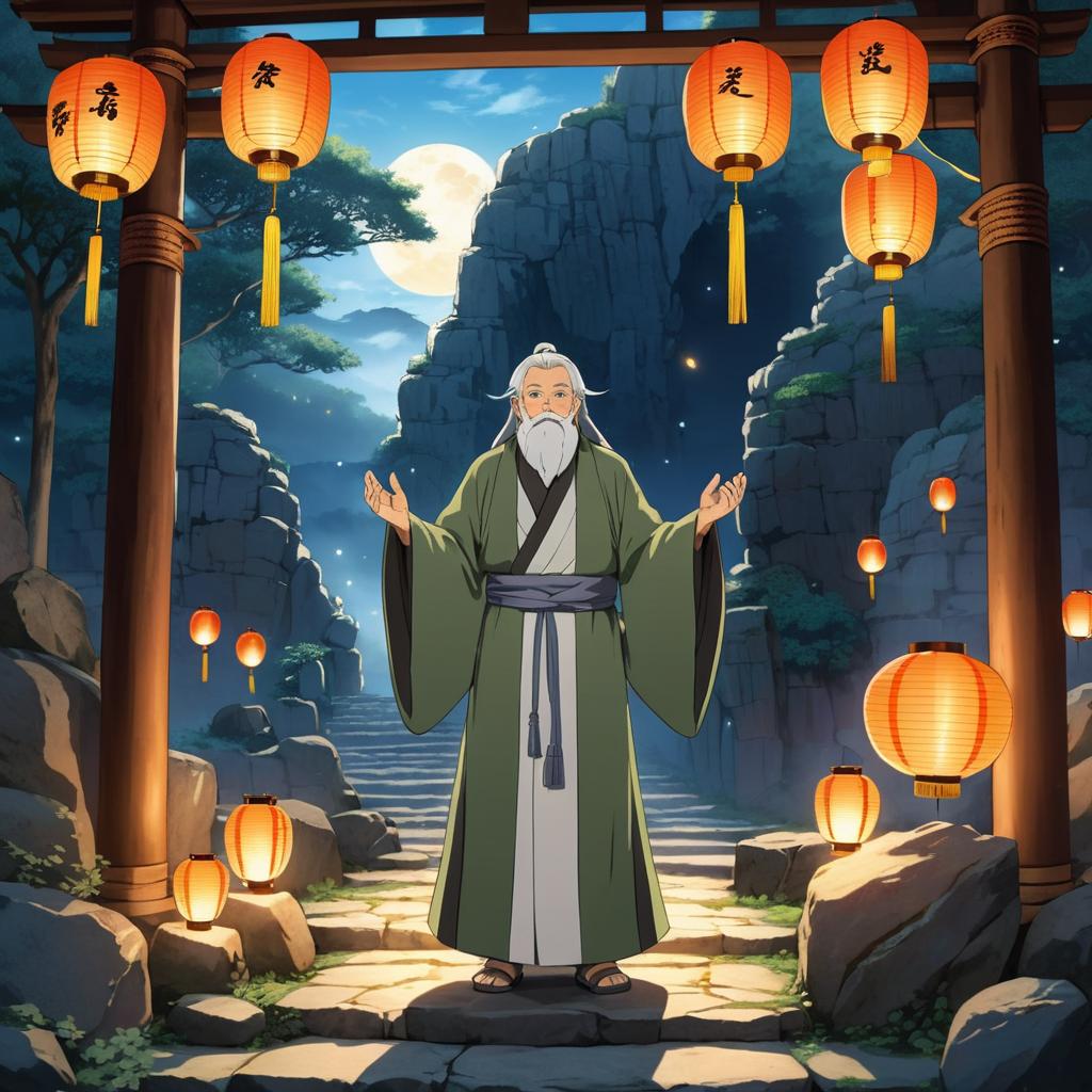 A Serene Sage in Lantern-lit Ruins