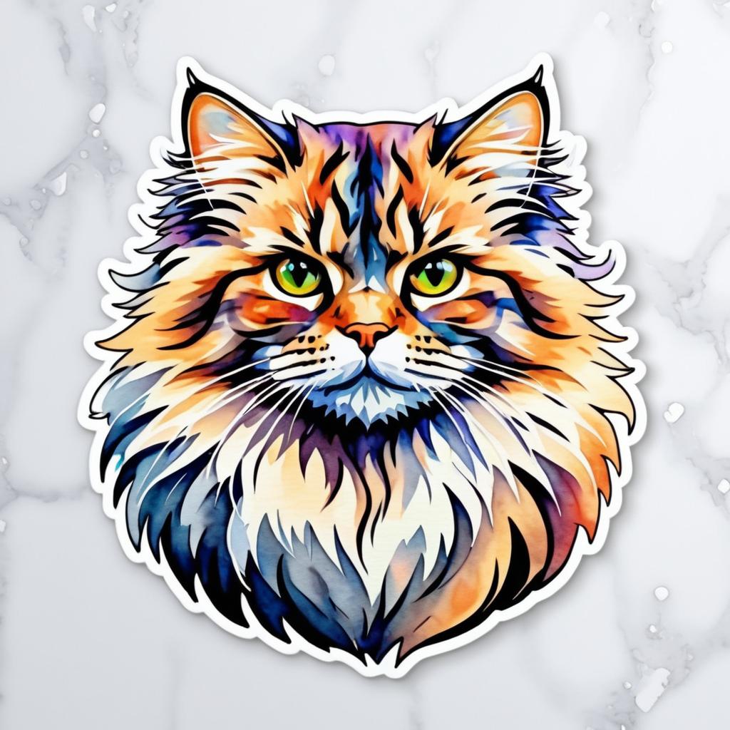 Fluffy Cat Sticker in Watercolor Style