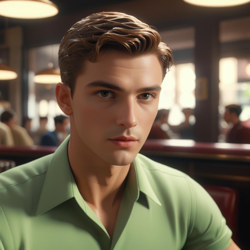 Cinematic Close-Up of Young Man in Café