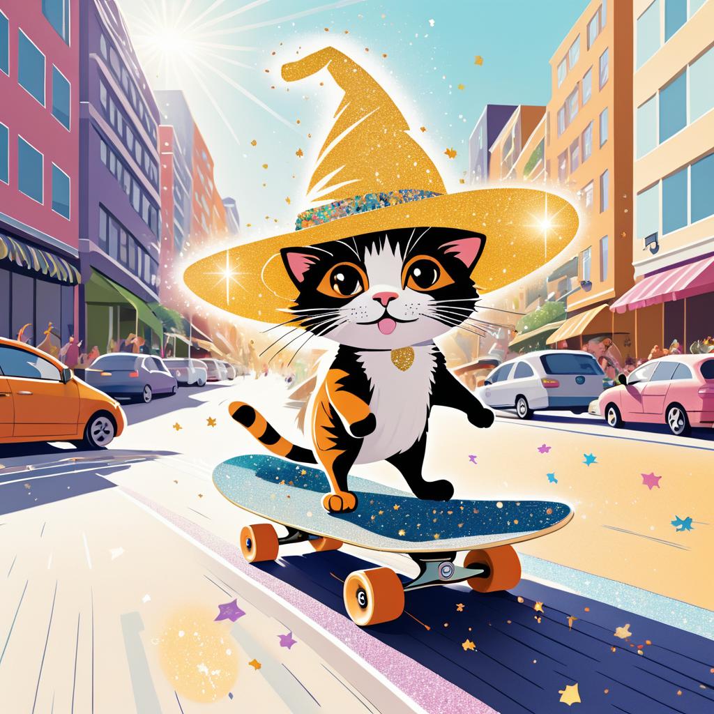 Comic Cat Skateboarding Adventure in the City