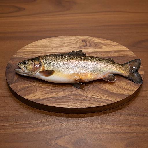 Photograph of a shiny, silver and gold speckled fish, lying on a round wooden platter, on a wooden table.