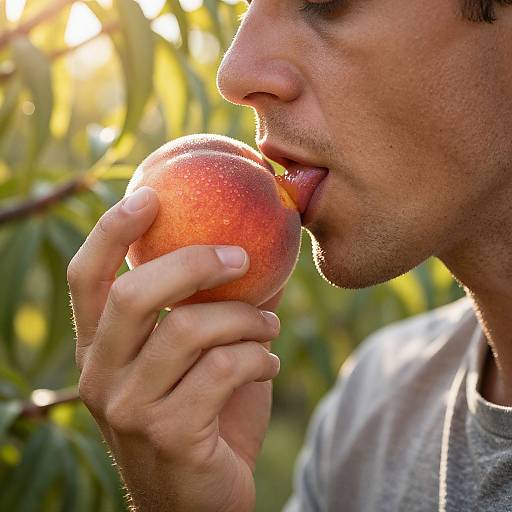 Photograph of a man with light skin, short brown hair, and stubble, biting into a ripe, red-orange peach in a sunlit orch