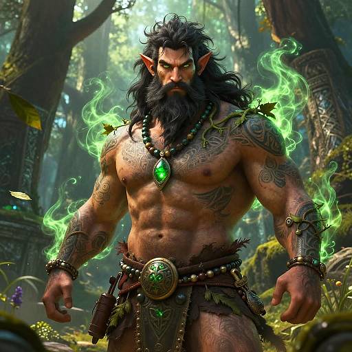 Digital illustration of a muscular, bearded elf with glowing green flames surrounding him, wearing tribal armor and a green gemstone necklace, standing in a lush