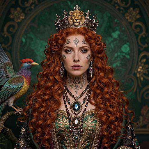 Digital artwork of a red-haired queen with intricate tattoos, wearing a golden crown, ornate green dress, and necklace, with a colorful bird perched