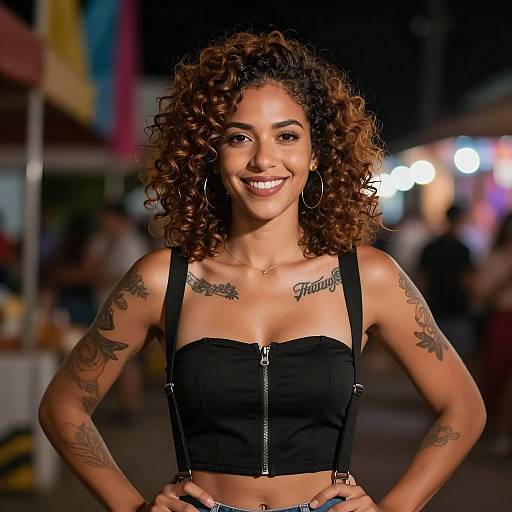 Smiling Woman in a Colorful Night Setting