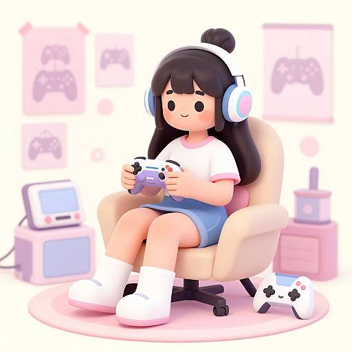Cute anime-style girl with black hair, white headphones, and blue shorts, sits in a beige chair, playing a game console. Blurred past