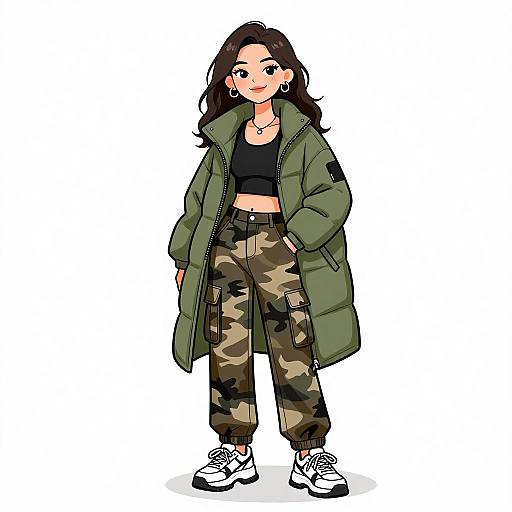 Digital illustration of a smiling woman with long brown hair, wearing a green puffer jacket, black crop top, camouflage pants, and white sneakers, standing