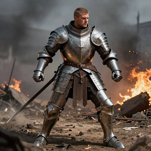 Photograph of a muscular, young, blond male knight in shiny, silver armor standing in a battle-scarred, smoky field with burning wreckage