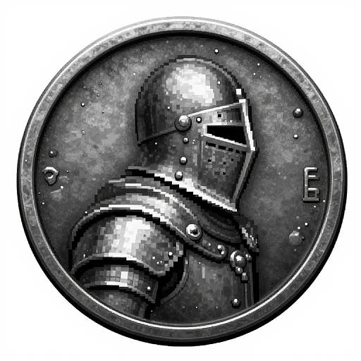Digital artwork of a metallic coin featuring a pixelated, detailed medieval knight in armor, with 