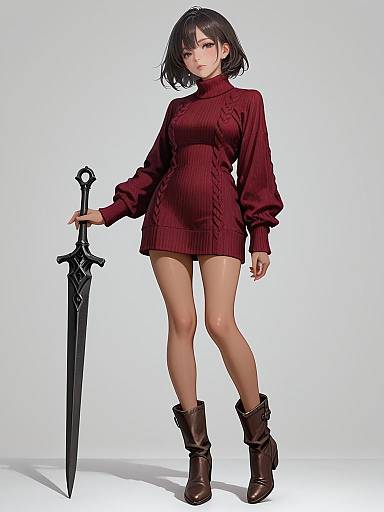 Woman in Burgundy Knit Dress with Sword