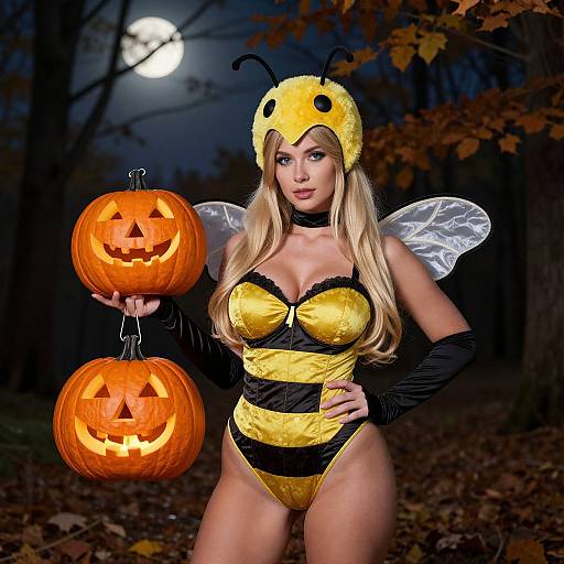 Photograph of a blonde woman in a yellow and black bee costume with wings, holding two carved pumpkins, in a dark forest at night.