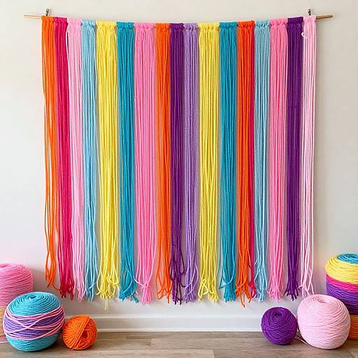 Photograph of colorful macrame fringe hanging on a white wall, flanked by vibrant yarn balls in red, orange, blue, purple, and pink