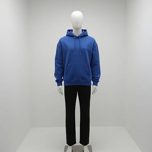 Photograph of a white mannequin wearing a blue hooded sweatshirt and black pants, standing in a brightly lit, white-walled room.