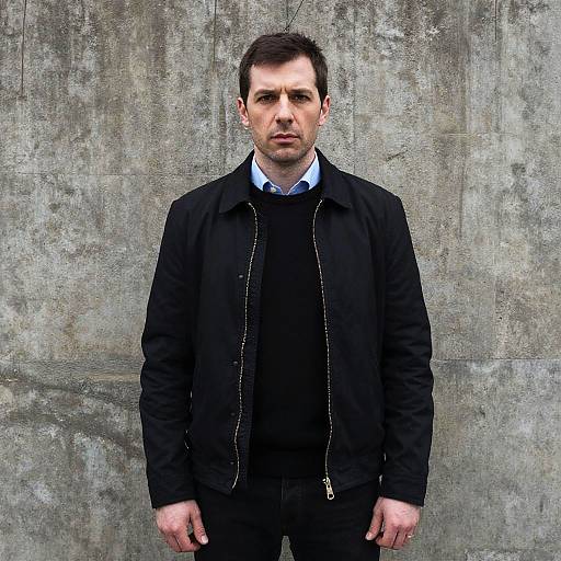 Photograph of a serious-looking Caucasian man with short dark hair, wearing a black jacket, black sweater, and blue shirt, standing against a textured concrete