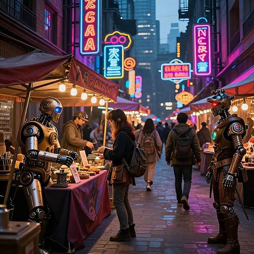Neon Steampunk Robotic Street Market