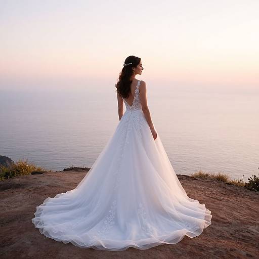 Silhouetted bride in white, lace-embellished gown with long train stands on cliff overlooking calm ocean at sunset. Photograph.