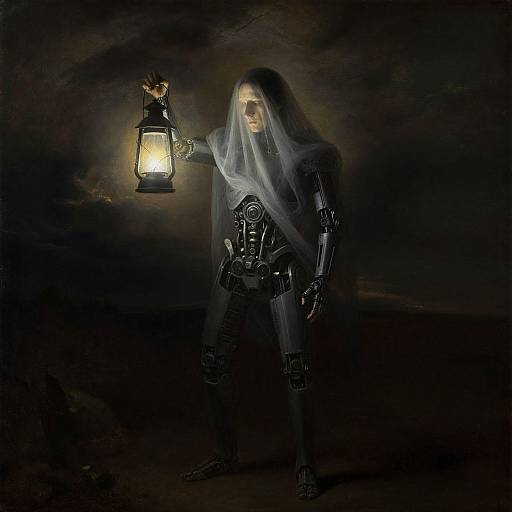 Digital artwork of a mysterious, robotic figure with a glowing lantern, draped in a translucent veil, in a dark, shadowy background.