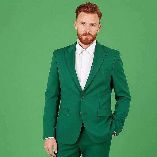 Photograph of a fair-skinned, red-haired bearded man in a green suit and white shirt, standing against a solid green background.