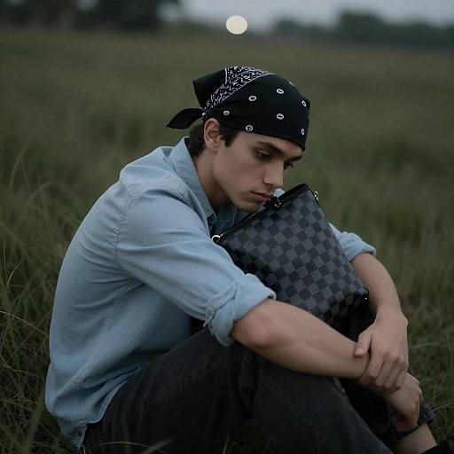 Somber Young Man in Tall Grass