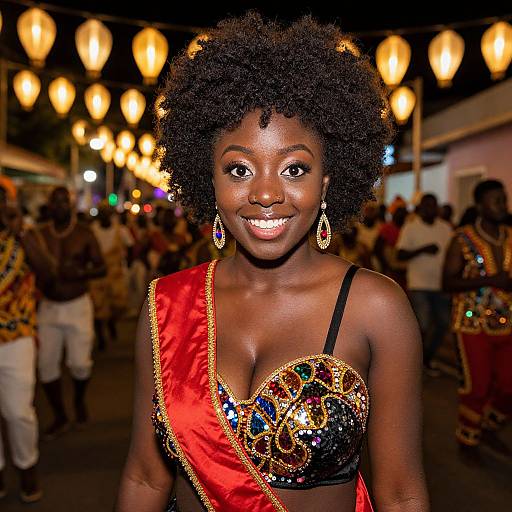 Photograph of a smiling Black woman with curly hair, wearing a red and black sequined top, colorful earrings, and a red sash, in