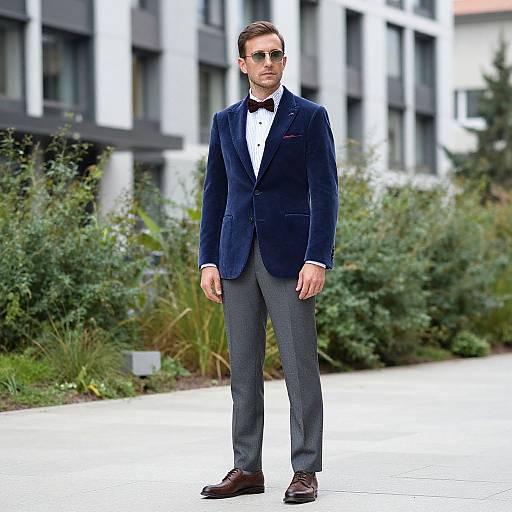 Photograph of a stylish man in a navy velvet blazer, gray pants, brown shoes, black bow tie, and sunglasses, standing in front of