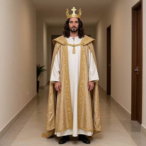 Photograph of a bearded man with long brown hair, wearing a golden crown, white and gold ornate robe, standing in a beige hallway.
