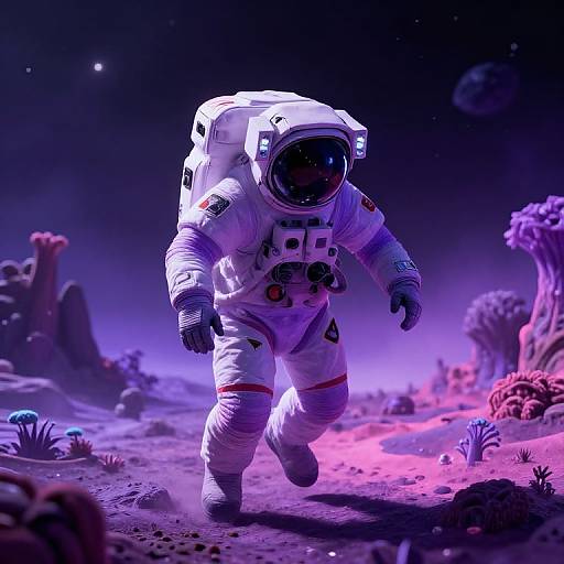 Digital CGI image of a white astronaut in a bulky spacesuit walking on a vibrant, alien planet with colorful flora and a starry, purple-hued