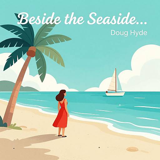 Digital illustration: Woman in red dress stands on sandy beach, facing ocean, with palm tree and sailboat; text reads 