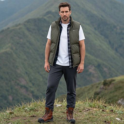 Photograph of a bearded man in a white t-shirt, green puffer vest, black pants, and brown boots, standing on a grassy