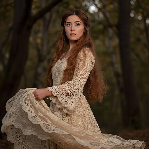 Photograph of a fair-skinned woman with long, brown hair in a lace, long-sleeve, cream-colored dress, standing in a dark